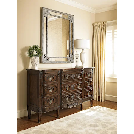 Triple Dresser with 9 Drawers and Mirror with Antique Surface